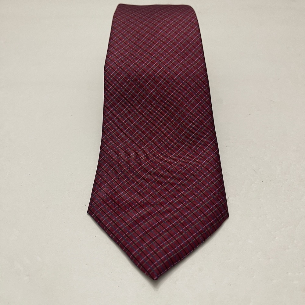Pierre Balmain Men's Red Burgundy Geometric Plaid Tie 100% SILK 57" x 3" Italy‎